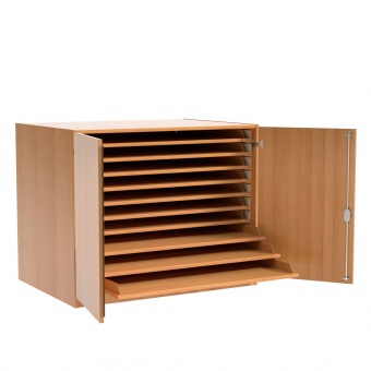 Papierschrank,  90 cm hoch, 111x81 cm (B/T), 10 Zügen, 2 Türen, 